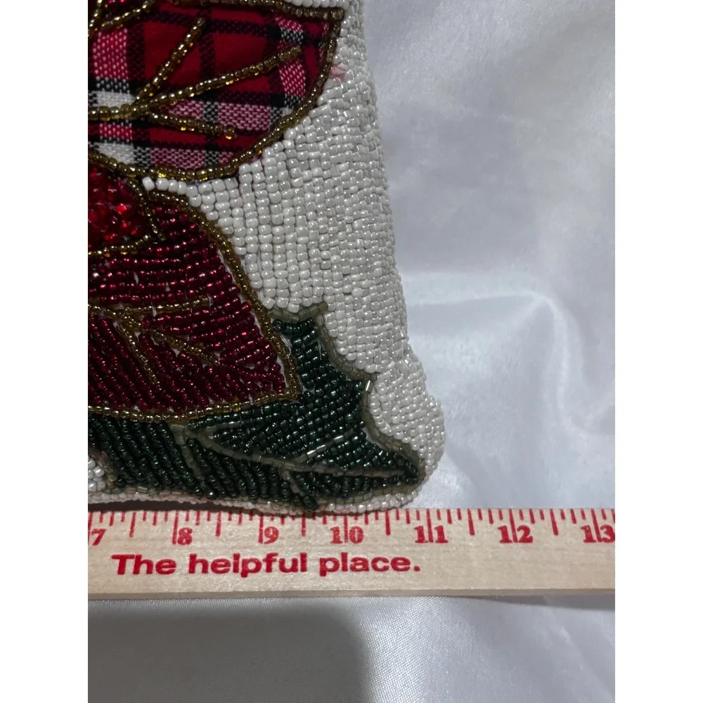 Beaded Poinsettia Plaid Christmas Decor Pillow Red Green Ivory 11
